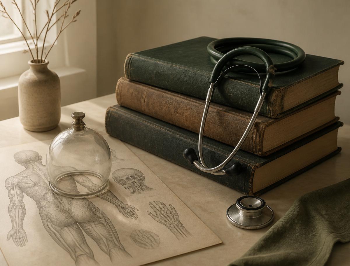 Ouvrages médicaux, stéthoscope et ventouse de Hijâma sur un bureau