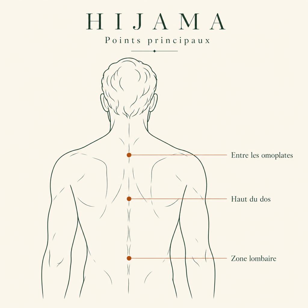 Schéma des points de Hijâma sur le dos : entre les omoplates, haut du dos et zone lombaire