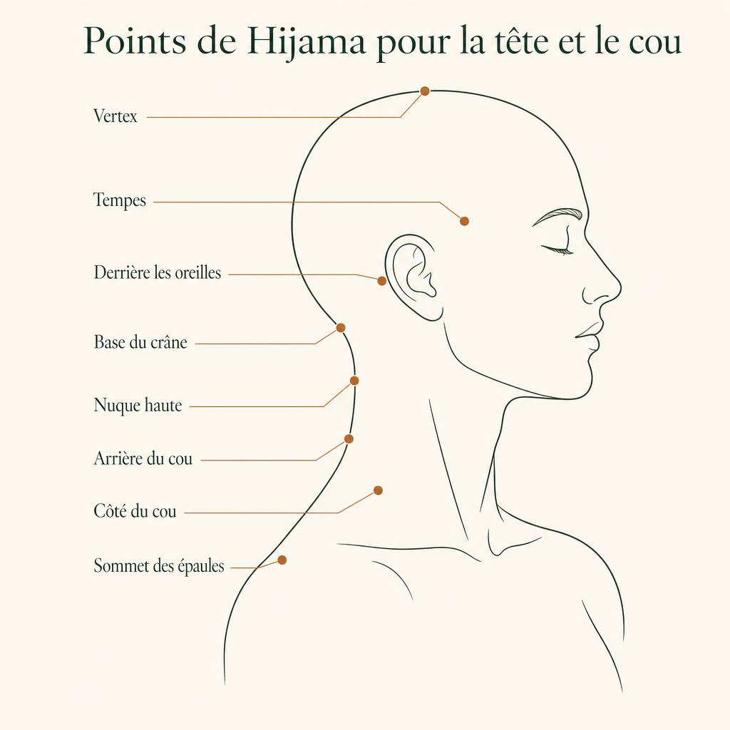 Schéma des points de Hijâma sur la tête et le cou : vertex, tempes, nuque et sommet des épaules